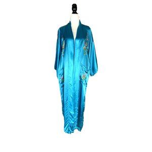 Vintage Golden Bee Turquoise Blue Embroidered Robe Kimono